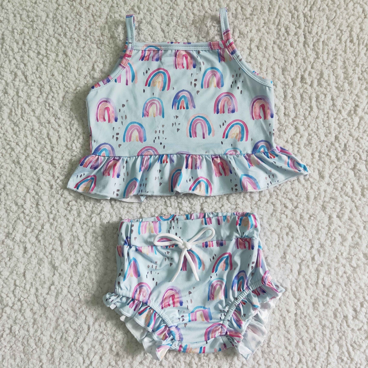 promotion RTS GBO0033 colorful rainbow green sling shoulder sleeve shorts girl outfits 0427