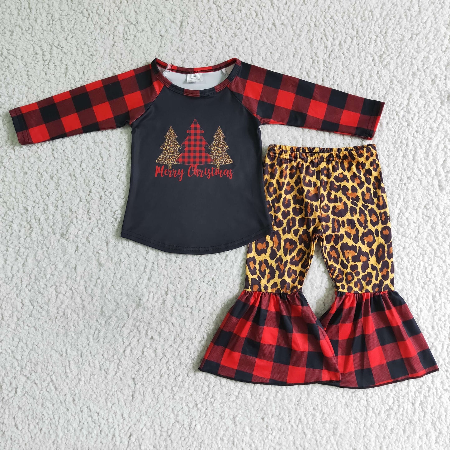 Christmas tree red black plaid leopard long sleeve bell bottom pant outfit 0726 RTS