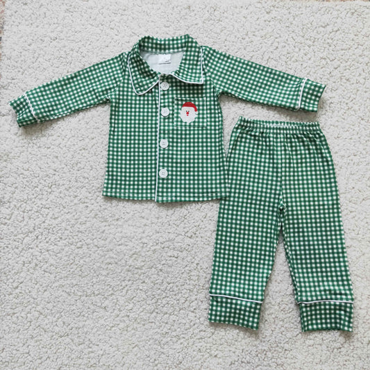6 B3-39 Christmas boy santa button pocket green white plaid collar long sleeve pajamas outfits 20230621 RTS