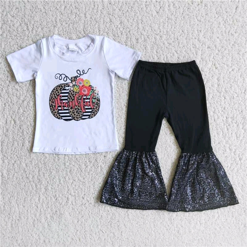 promotion C4-14 Thanksgiving day pumpkin thankful sequins short sleeve bell bottom outfit 0914 RTS