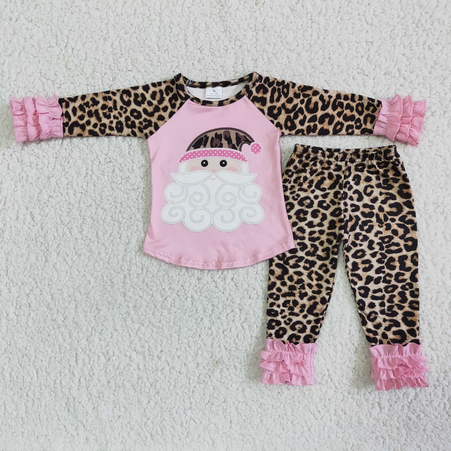 Promotion RTS 6 A22-12 Christmas santa print pink ruffle leopard long sleeve pajamas outfit