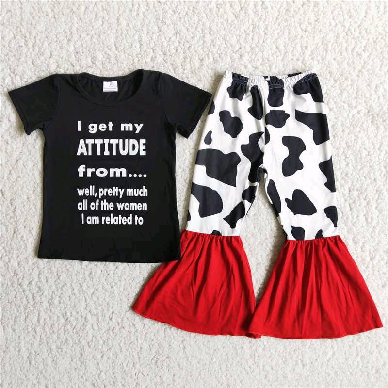 D12-20 promotion attitude letters cow print black red short sleeve bell bottom pant girl outfit