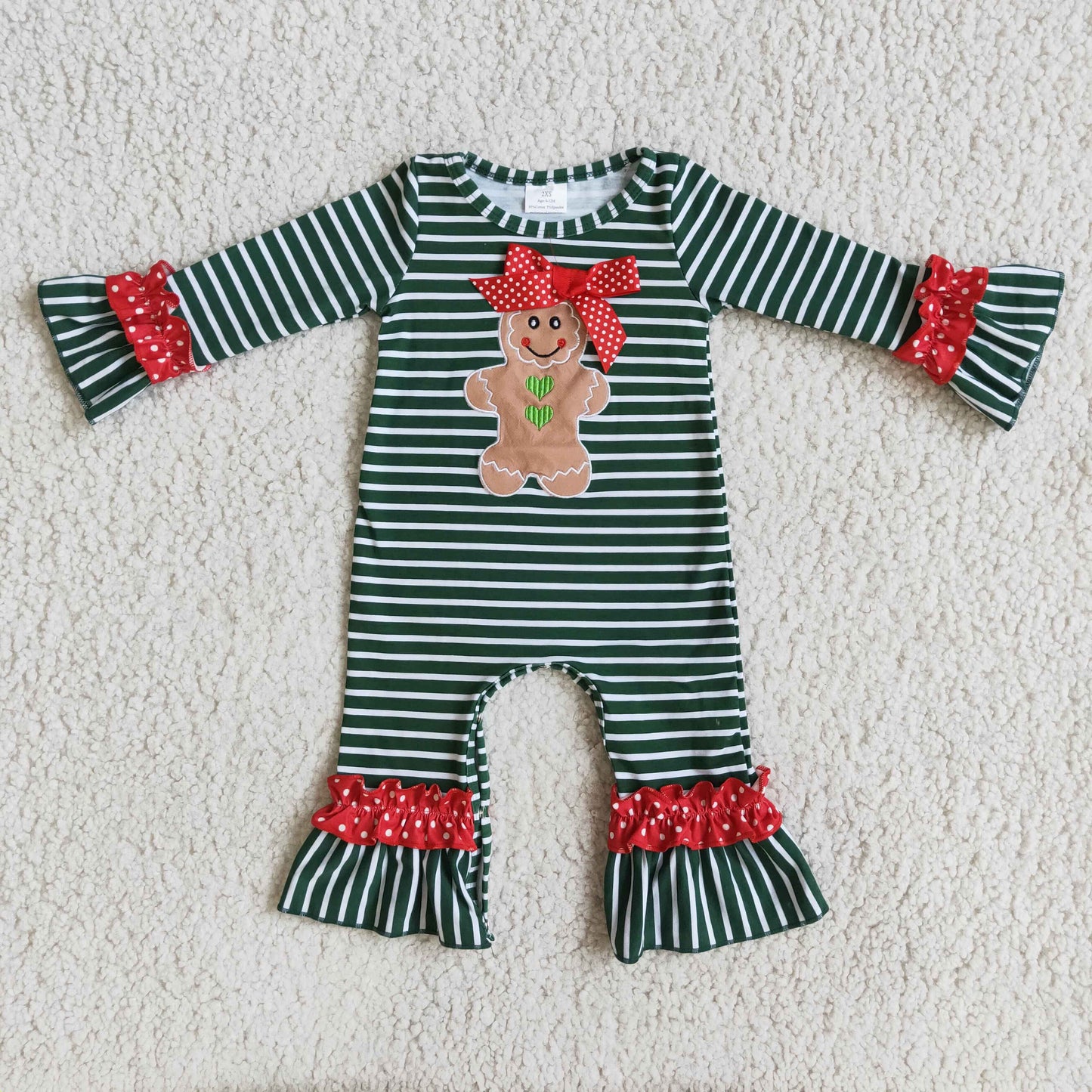 promotion 6 C10-6 christmas girl gingerbread embroidery green stripe bow long sleeve romper RTS 20230727