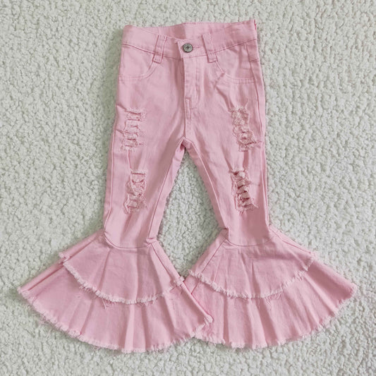 P0005 RTS pink bleached double ruffles button jeans denim pants 0622