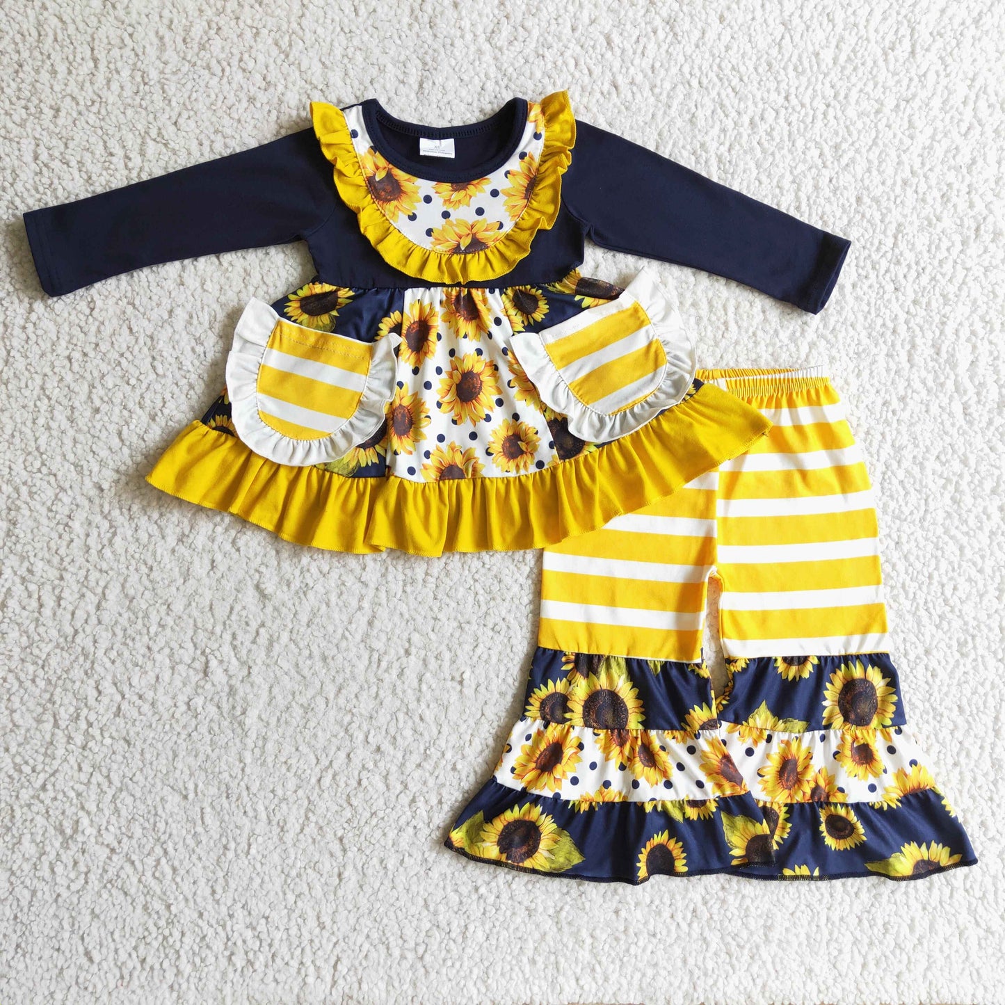 promotion 6 A22-28 girl tunic sunflower stripe pocket lace black long sleeve pant outfit 20230819 RTS