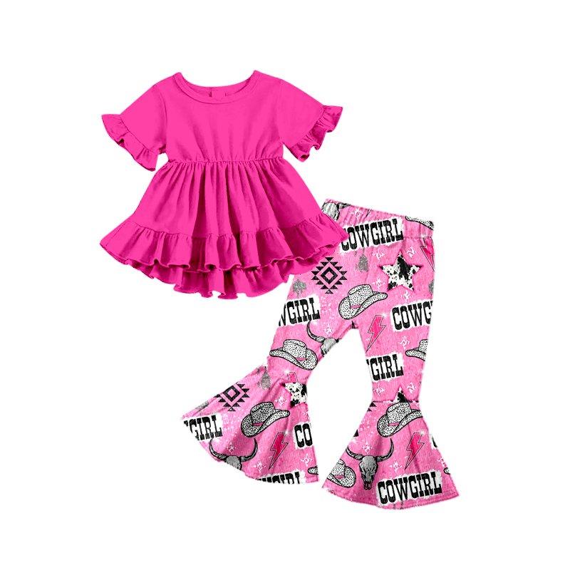 GSPO0114 horse cow blue ruffle dress top bell bottom girl outfit 0928 preorder