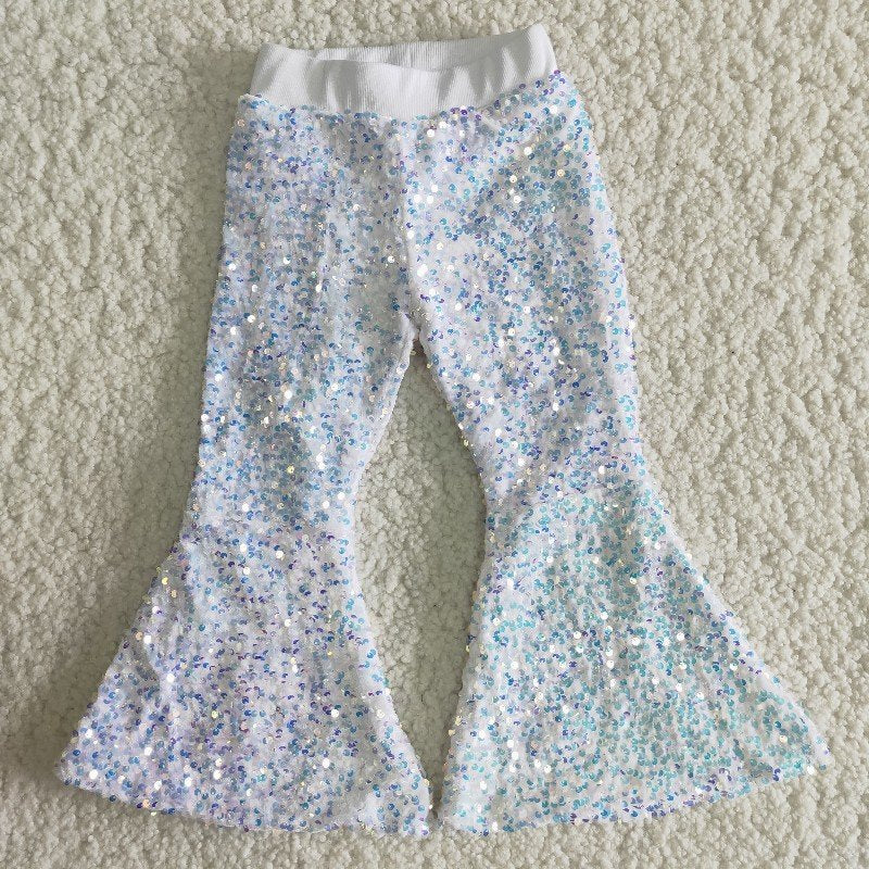 C16-20 girl bell bottom white sequin long pants RTS Free shipping order $100+
