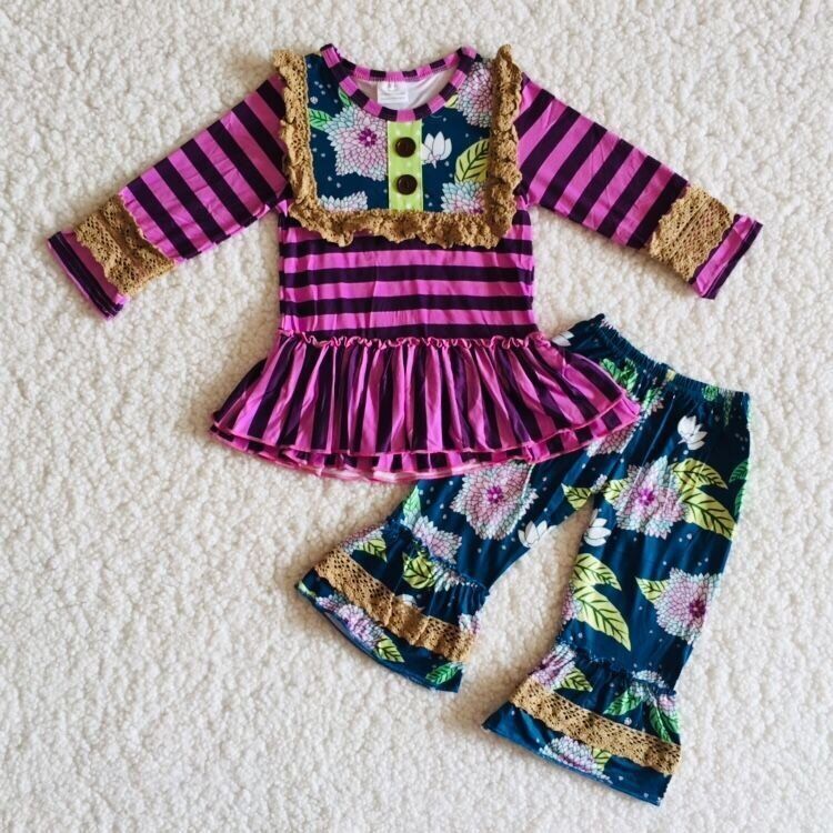 promotion 6 B8-36 violet stripe ruffle long sleeve pants outfit 202501 RTS