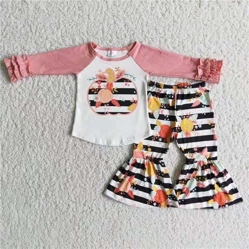 promotion RTS 6 A4-15 girl pumpkin pink ruffles raglan stripe long sleeve bell bottom pant outfit