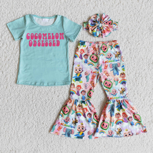 202408 promotion E6-4 letters cartoon watermelon green short sleeve bell bottom pant outfit