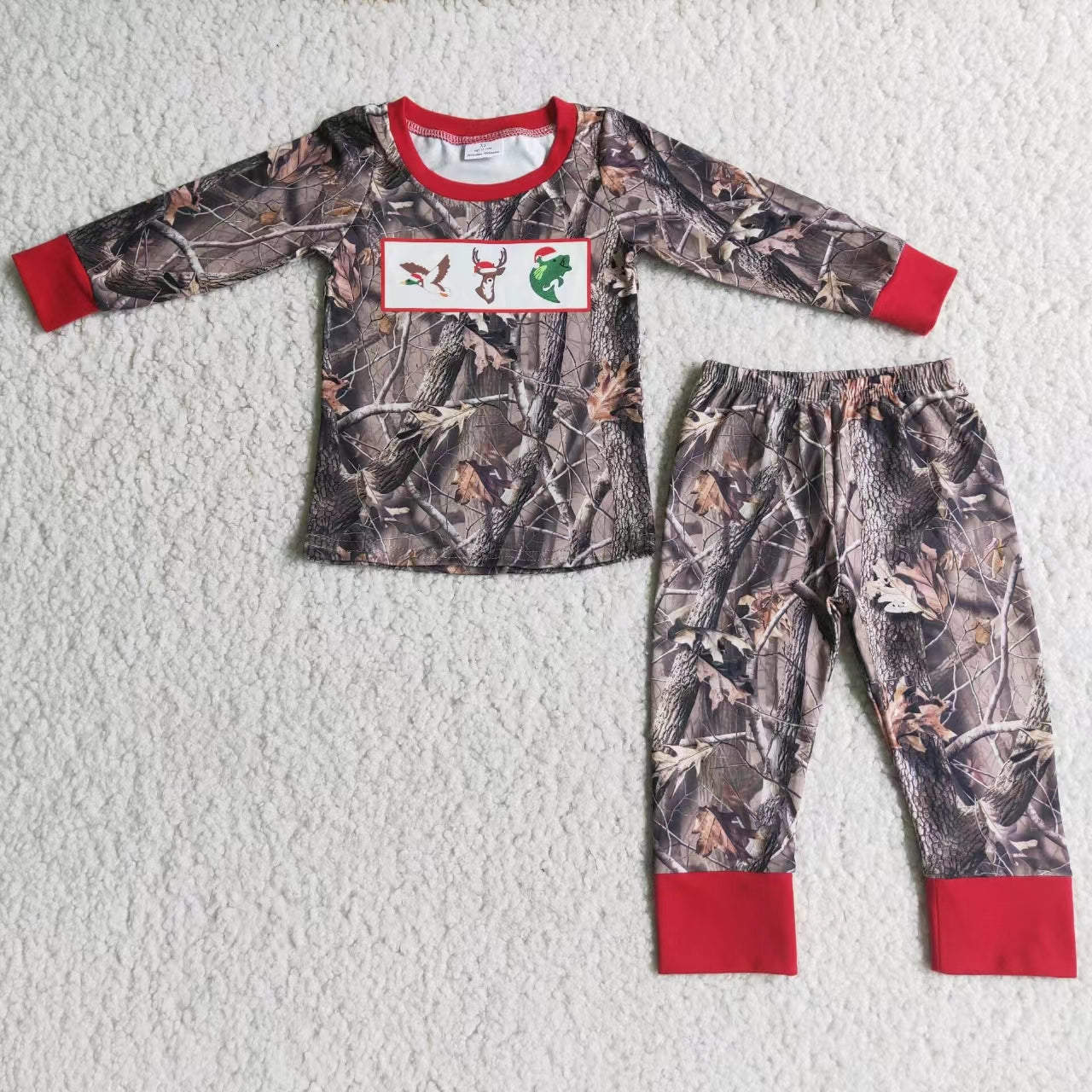 promotion 6 A9-13-1 Christmas tree embroidery duck branch camo bird deer fish lace long sleeve boy pajamas outfits 0722 RTS