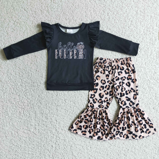 RTS 0713  long sleeve black top pumpkin halloween leopard pants girl outfit