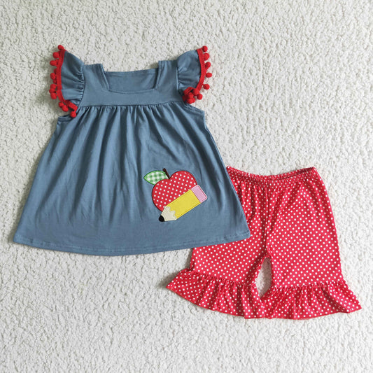 GSSO0120 RTS embroidery back to school apple ABC pencil puffy gray blue top red white dots shorts summer girl outfit 20230421 RTS