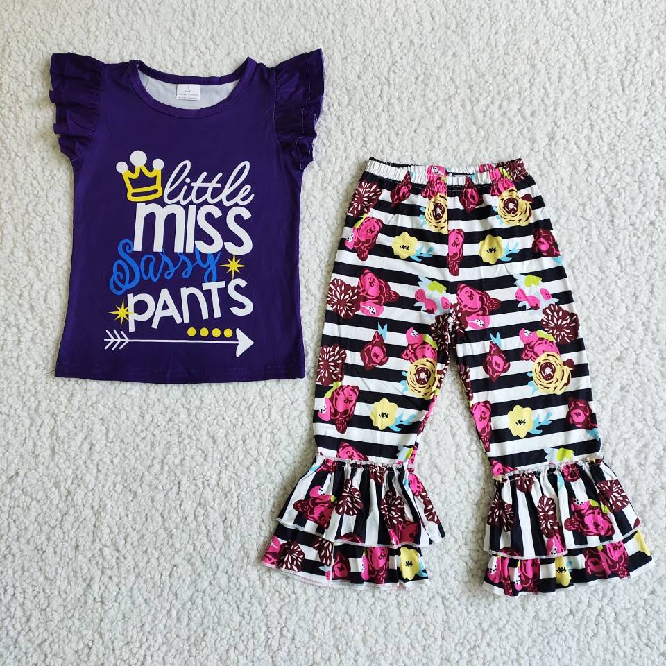 promotion price C11-10 RTS crown little miss top short sleeves stripe floral bell bottom pant outfit0226