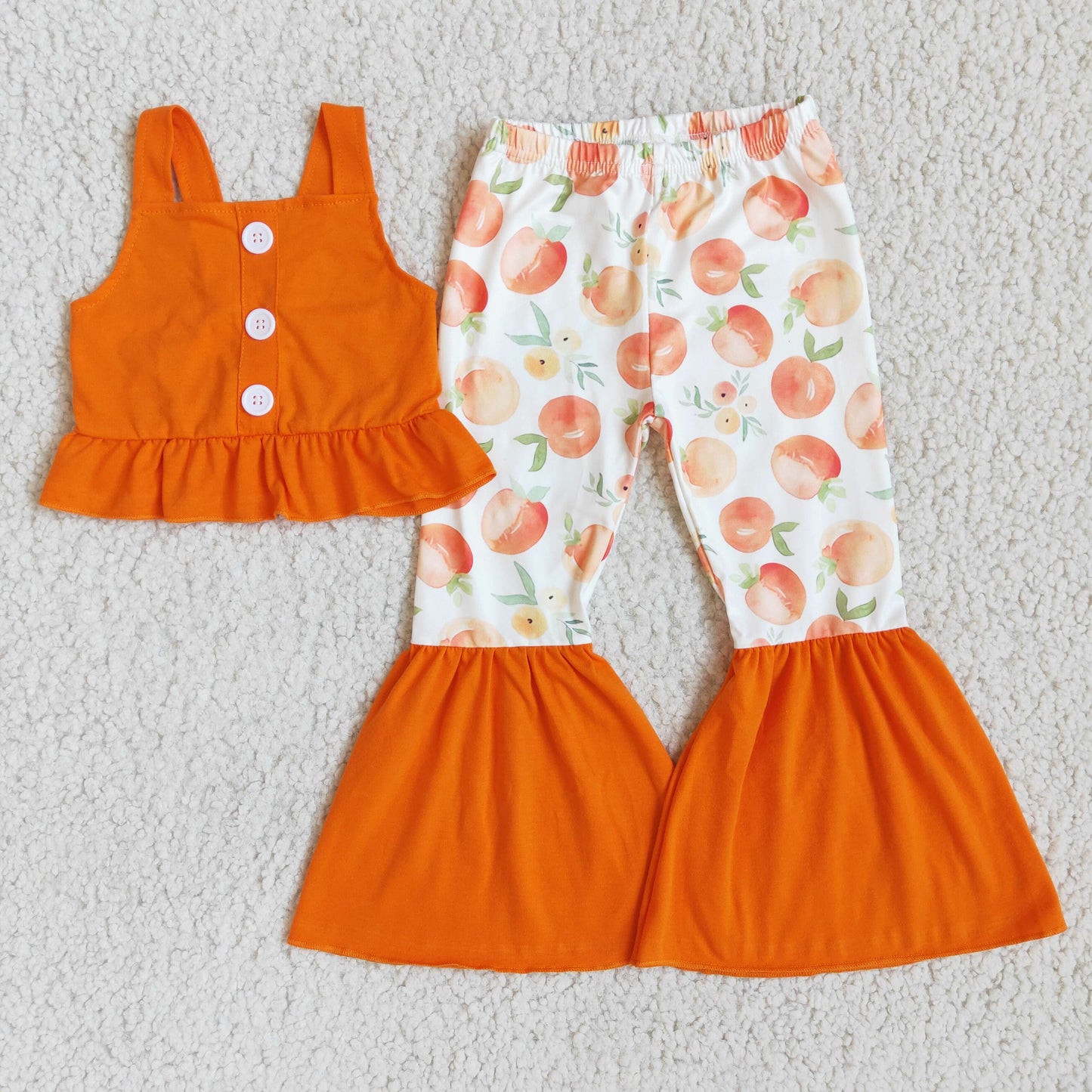 Promotion shoulder straps top orange button lace peach girl short sleeve bell bottom pant outfit
