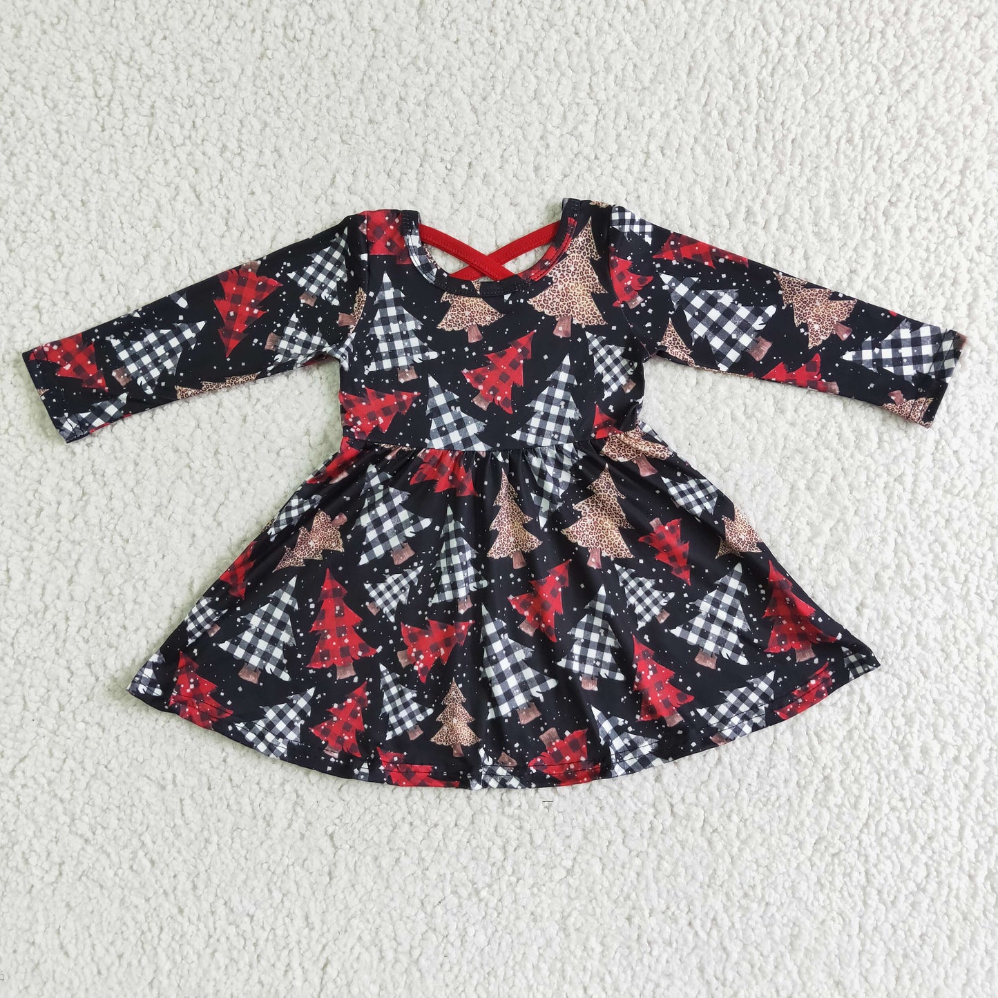 Christmas black red white plaid long sleeve dress 0614 RTS