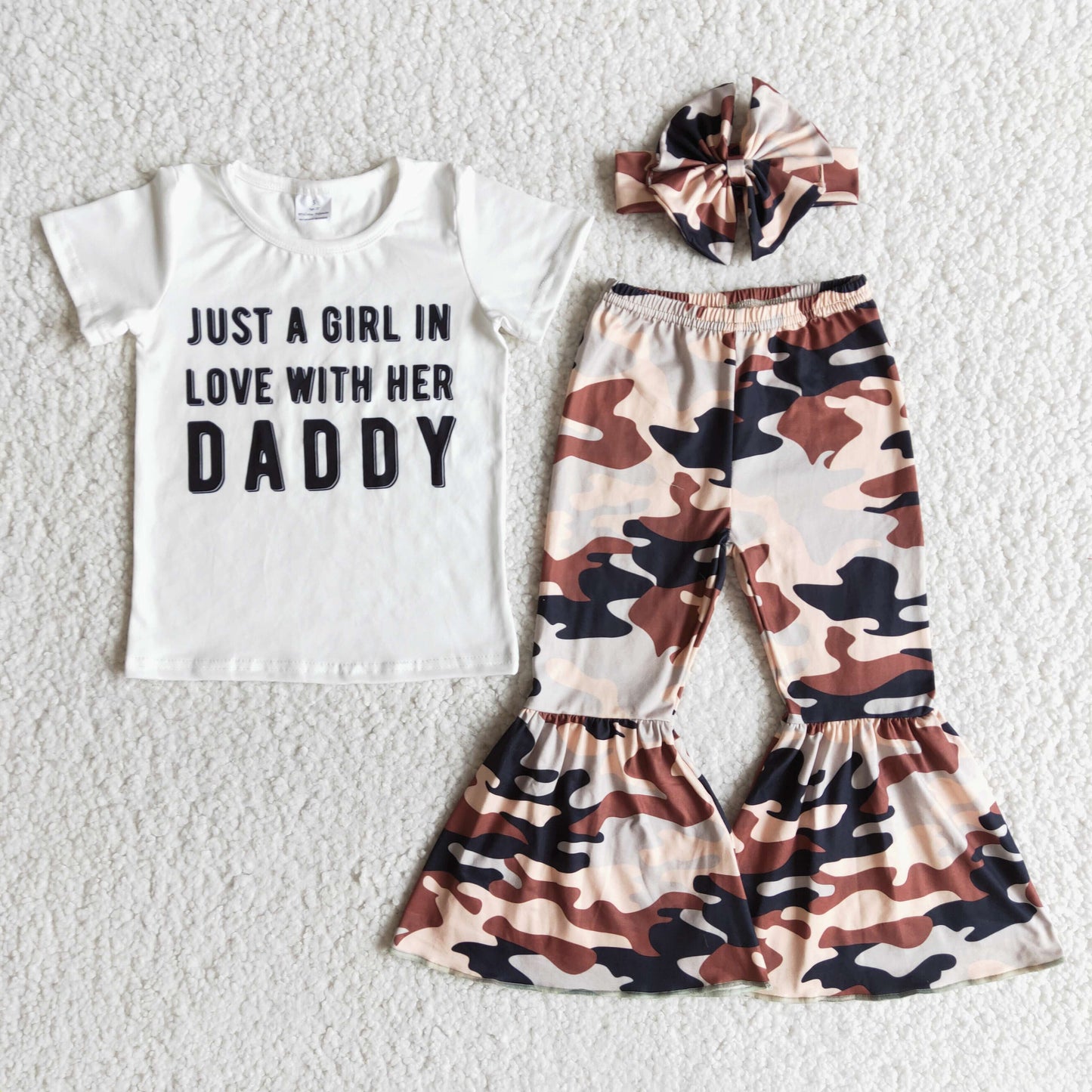 promotion RTS E8-20 (CHOOSE HEADBAND) love her daddy camo girl short sleeve bell bottom pant bow headband 3pcs girl outfit 1203