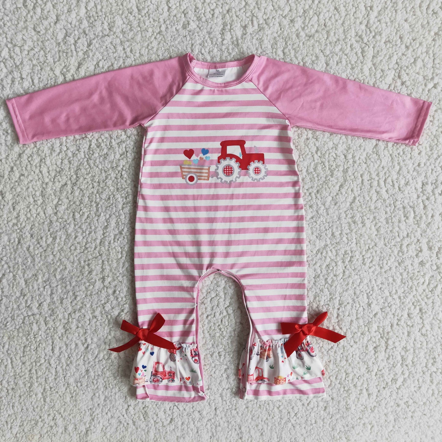 promotion valentine pink white stripe love truck bow raglan girl long sleeve romper 0117