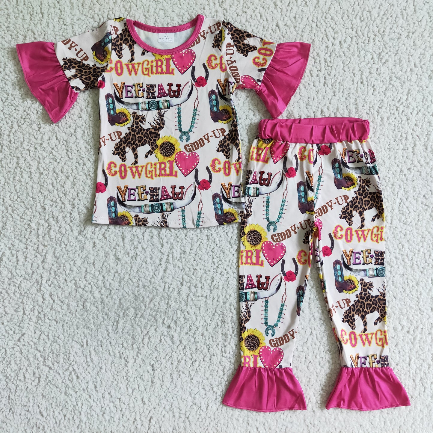 B5-28 RTS girl pink ruffles yak cow short sleeve pajamas Cow girl outfit 0722