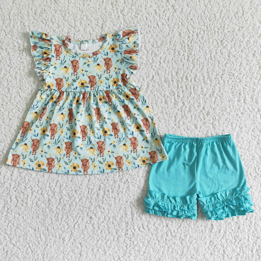 GSSO0106 RTS green top yellow flowers puffy sleeve top calf yak cow ruffle shorts girl outfit summer clothes real pic 0531