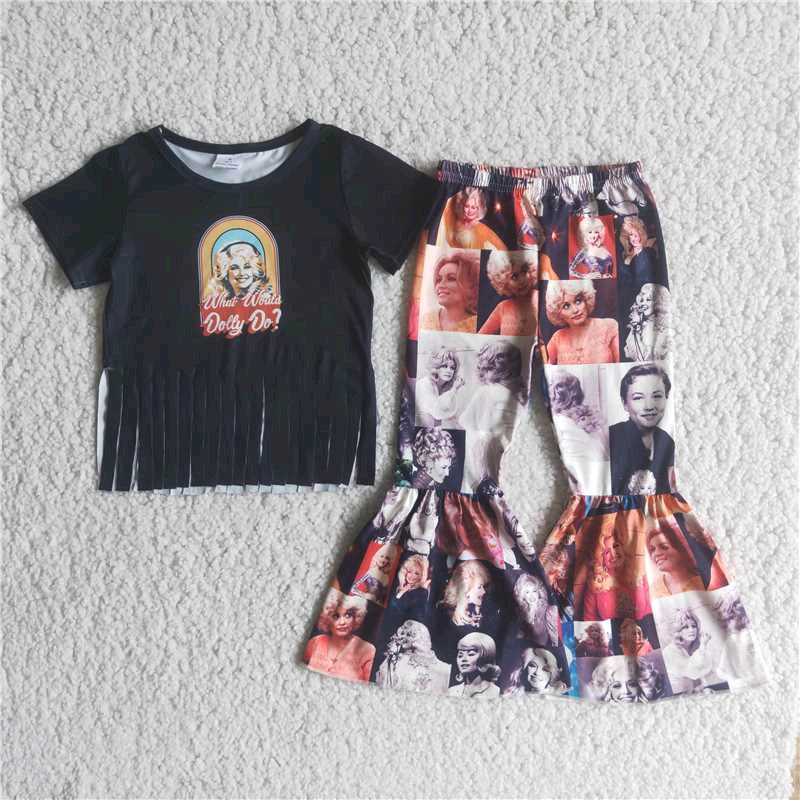 promotion RTS E2-15 Beautiful lady tassel short sleeve bell bottom girl outfit
