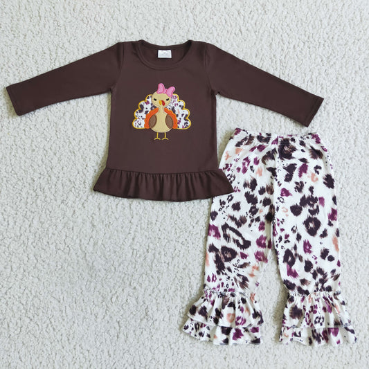 RTS embroidered brown turkey long sleeve leopard bell pants girl outfit clothes thanksgiving  0711