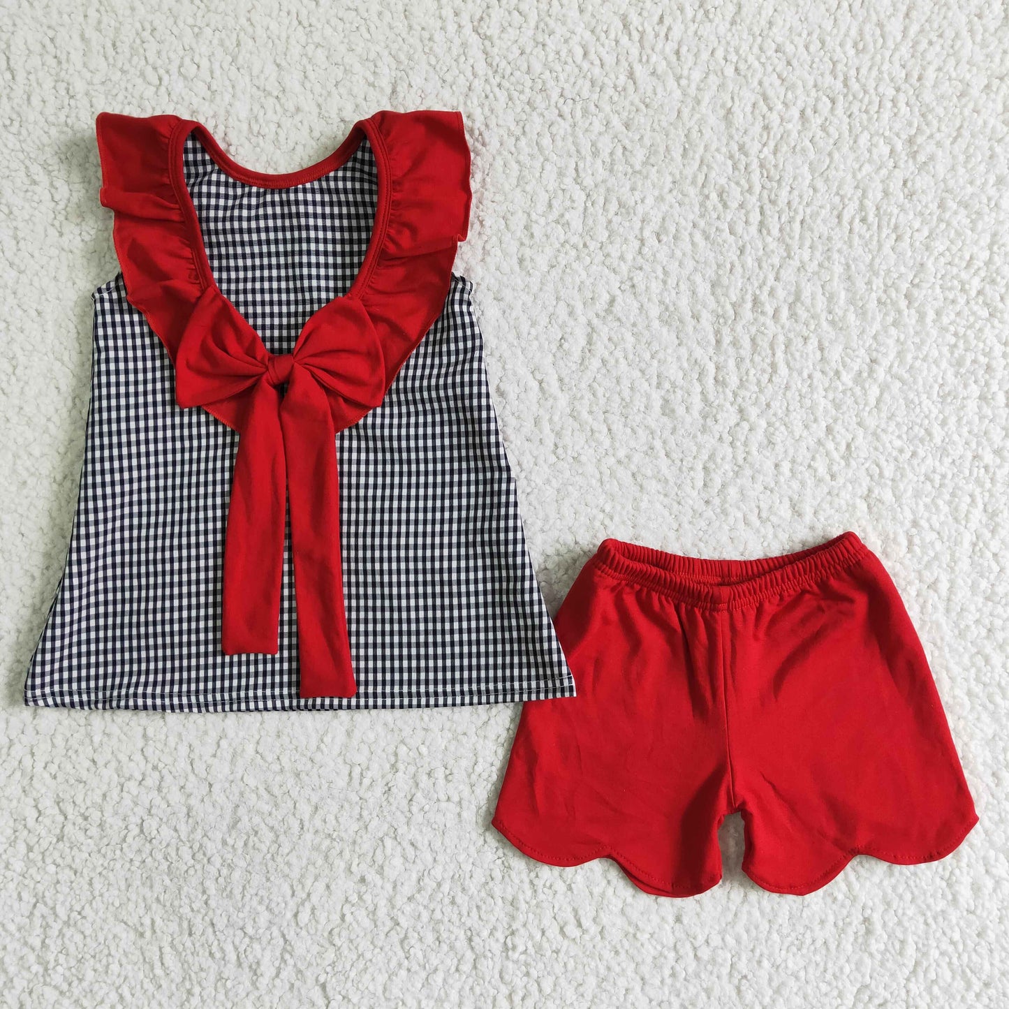 mouse blue red embroidery print white black plaid short sleeve shorts girl summer outfits 0321