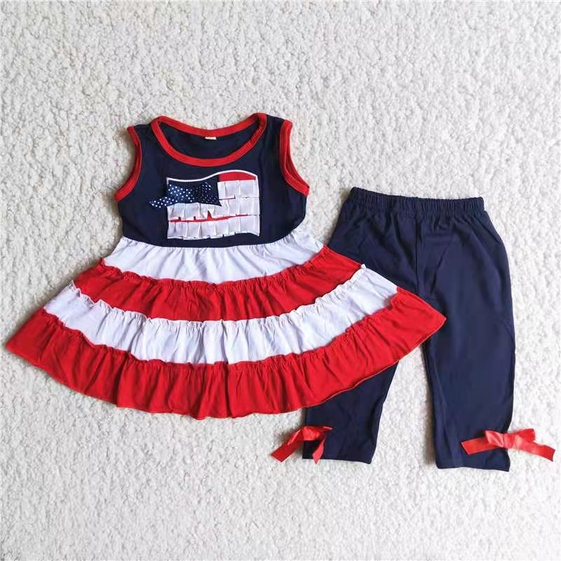 promotion RTS A4-17 red white flag stripe girl short sleeve pant girl outfit
