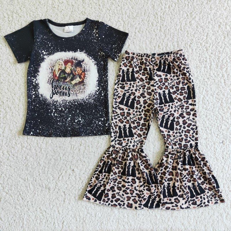 RTS black top short sleeve cartoon print leopard pants girl outfit clothes 0723