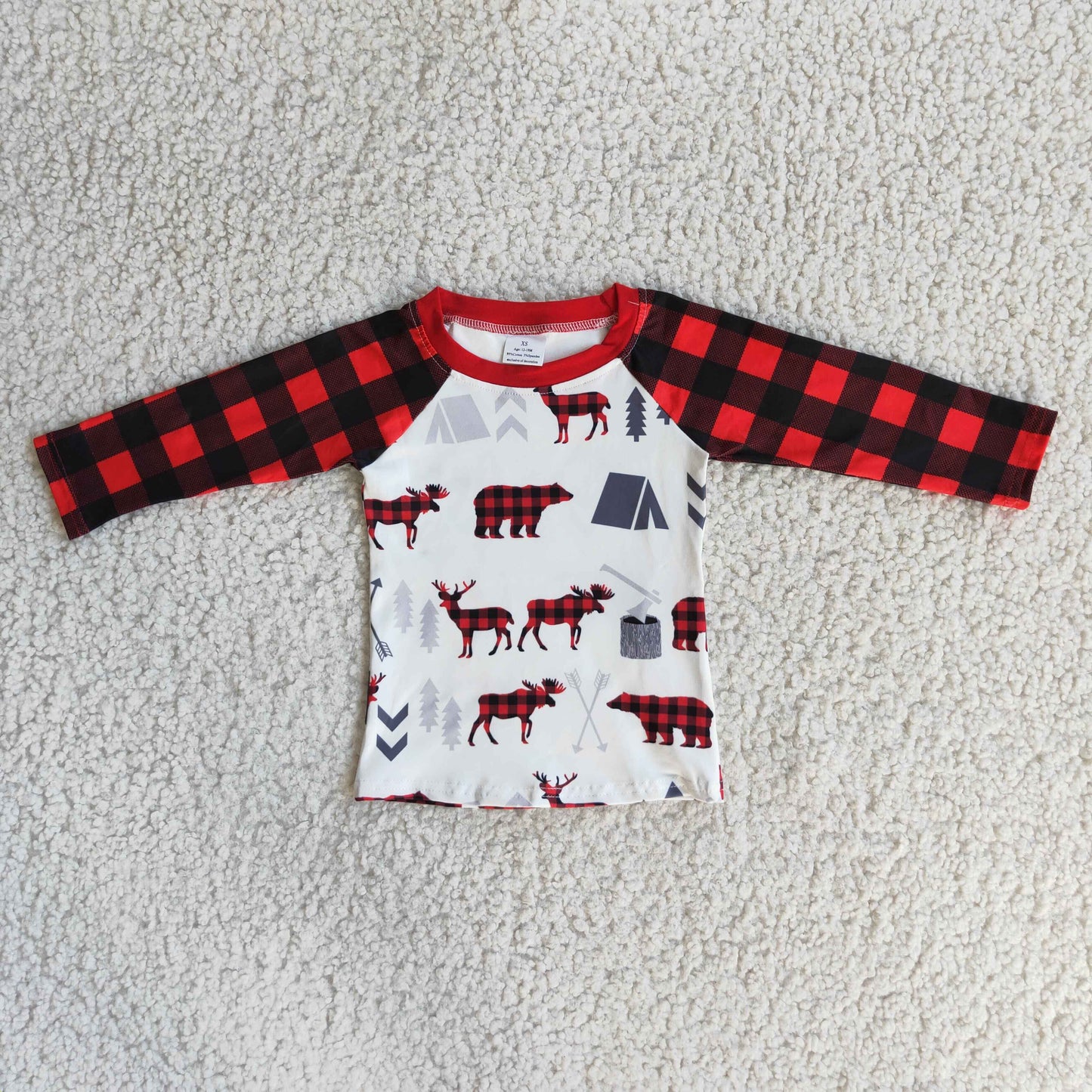 promotion RTS 6 A33-1 Boy cartoon bear deer red black plaid raglan long sleeve top