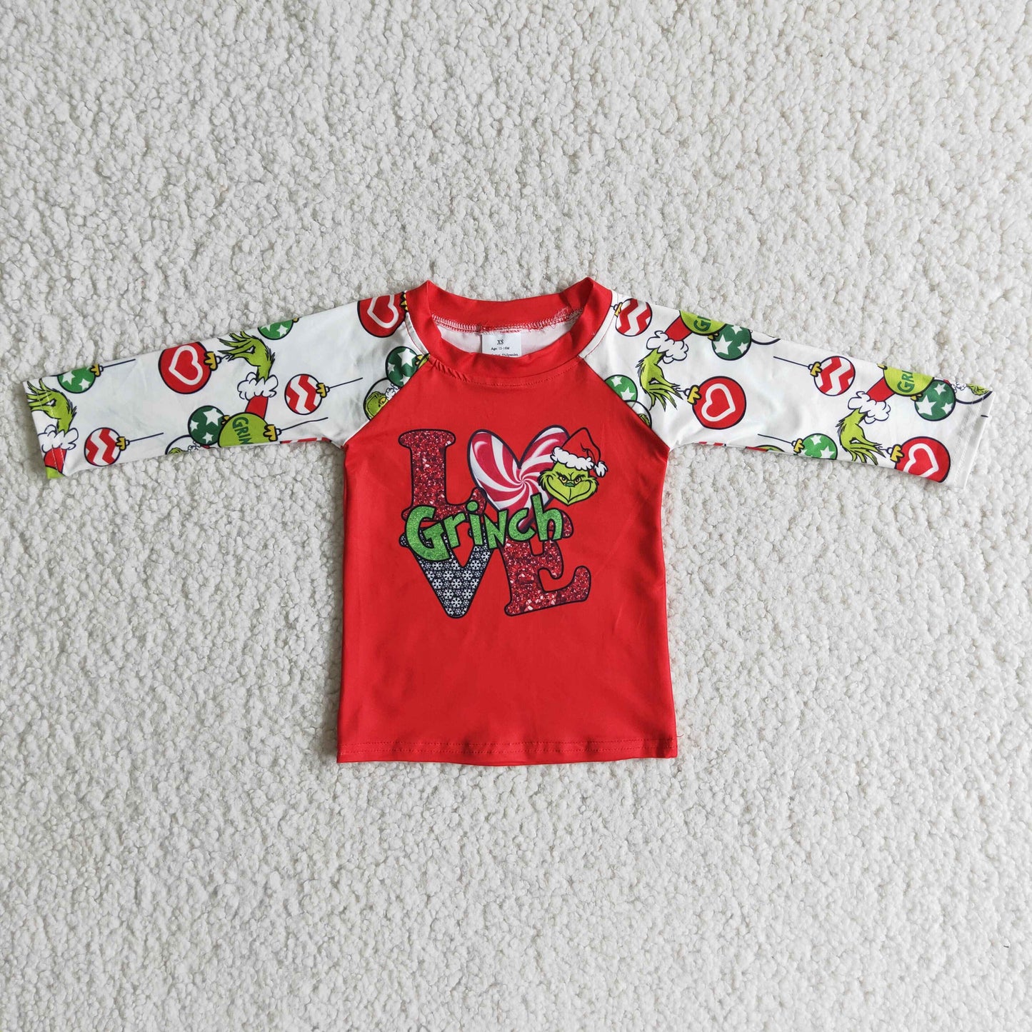 Christmas boy love green cartoon raglan red long sleeve top