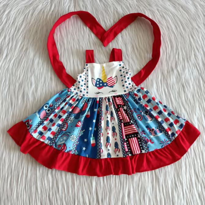 promotion cartoon unicorn patchwork 4th of july kids dress rts