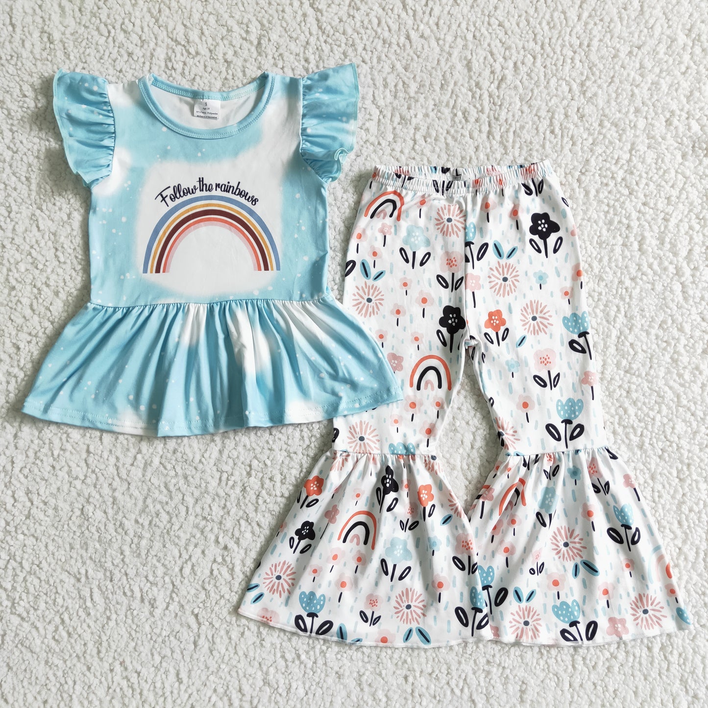 promotion blue follow the rainbows flowers print short sleeve top bell bottom girl outfits