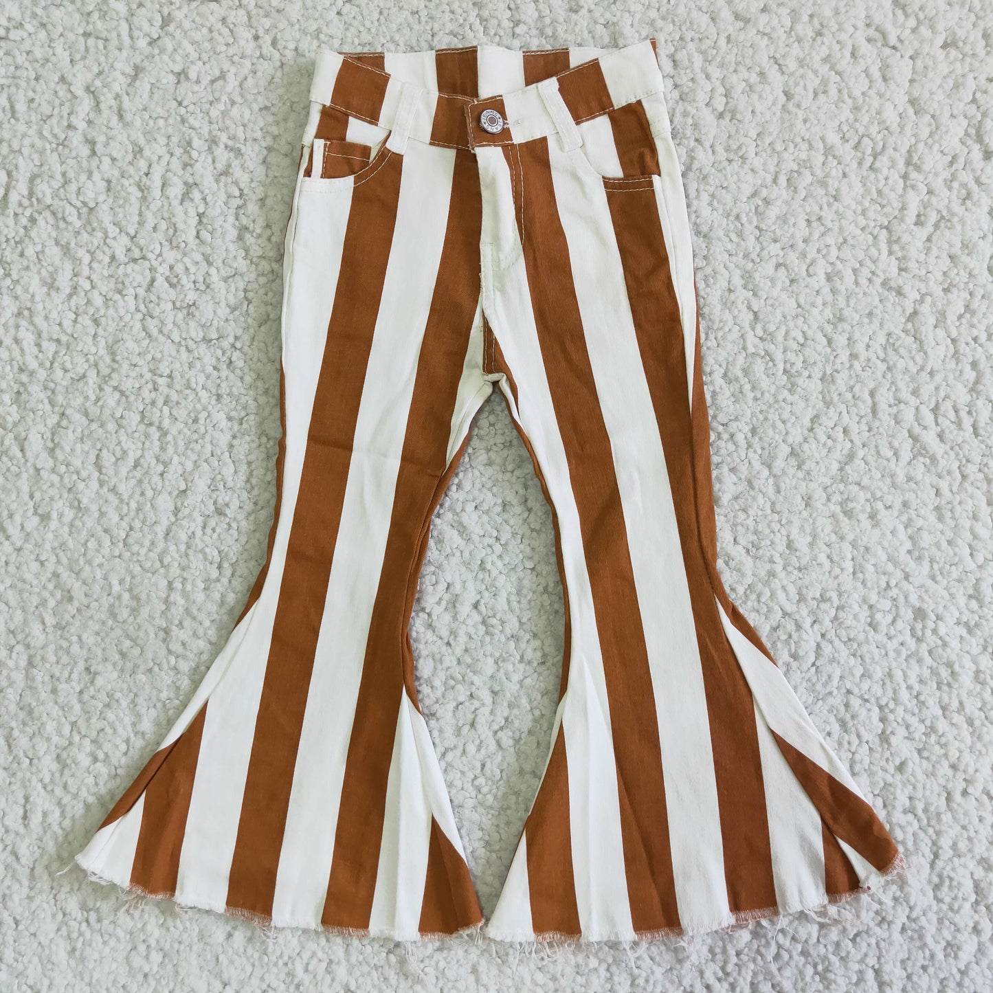 E5-24 white and brown stripe bell bottom girl jeans denim pants 202505 RTS
