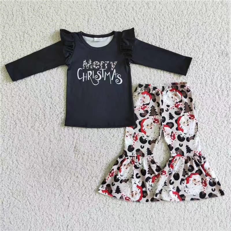blue long Christmas Santa long sleeve bell pants baby girl outfit 0823 RTS