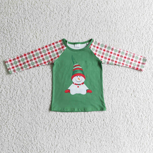 BT0077 green red plaid christmas snowman long sleeve boy top 1029 RTS