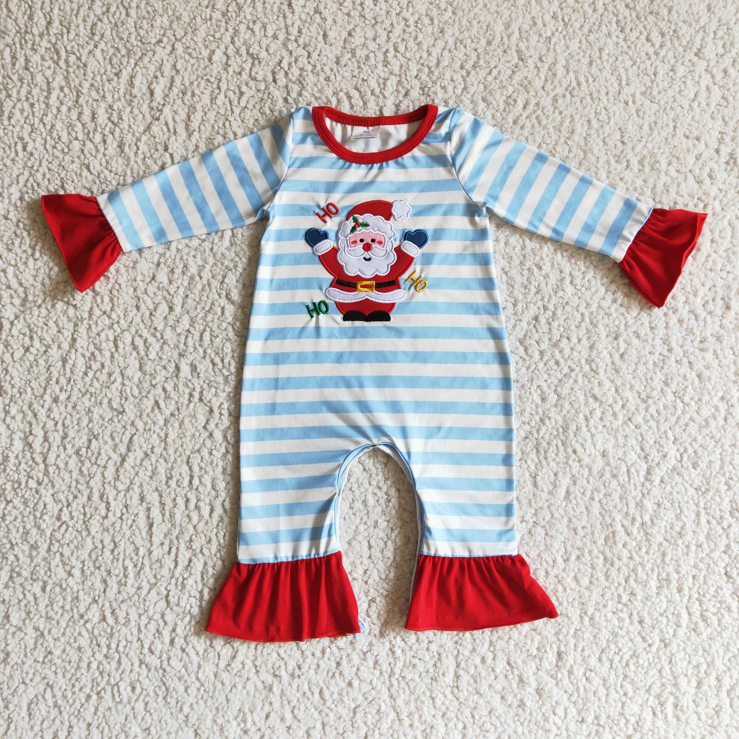 0930 RTS blue stripe Christmas Santa long sleeve girl romper