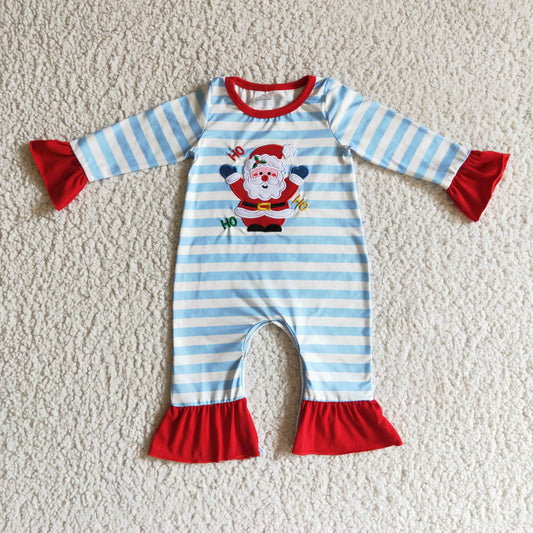 0930 RTS  blue stripe Christmas Santa long sleeve girl romper