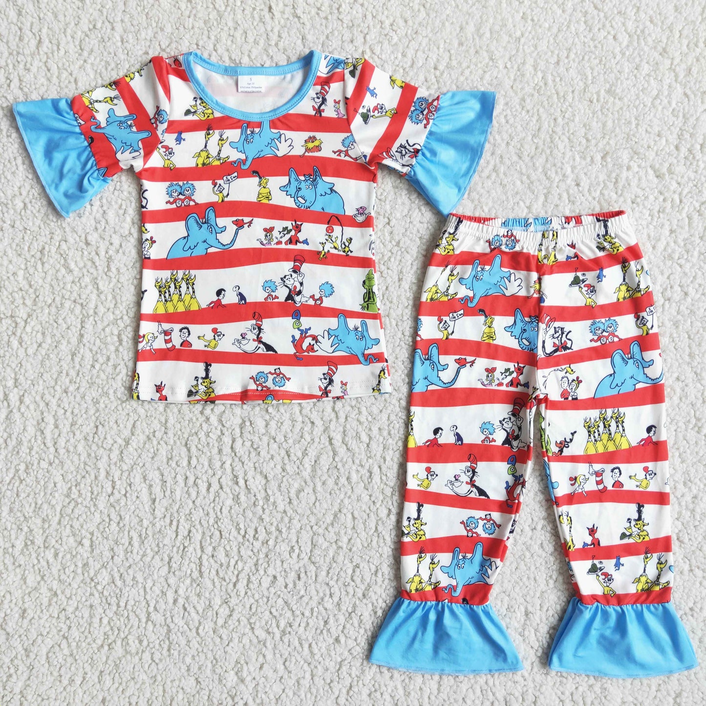 cartoon reading cat lace stripe short sleeve pajamas girl outfit