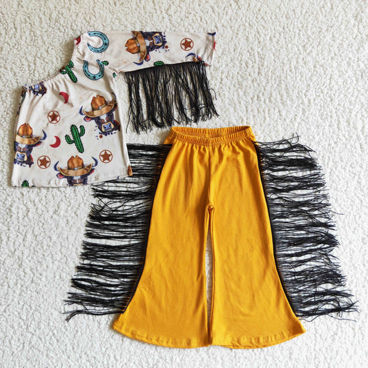 PROMOTION PRICE  GSPO0142 RTS 0830 one sleeve cow cactus tassel yellow pants girl outfit