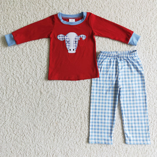 emboidery cow red blue plaid long sleeve boy pajamas 0907 RTS