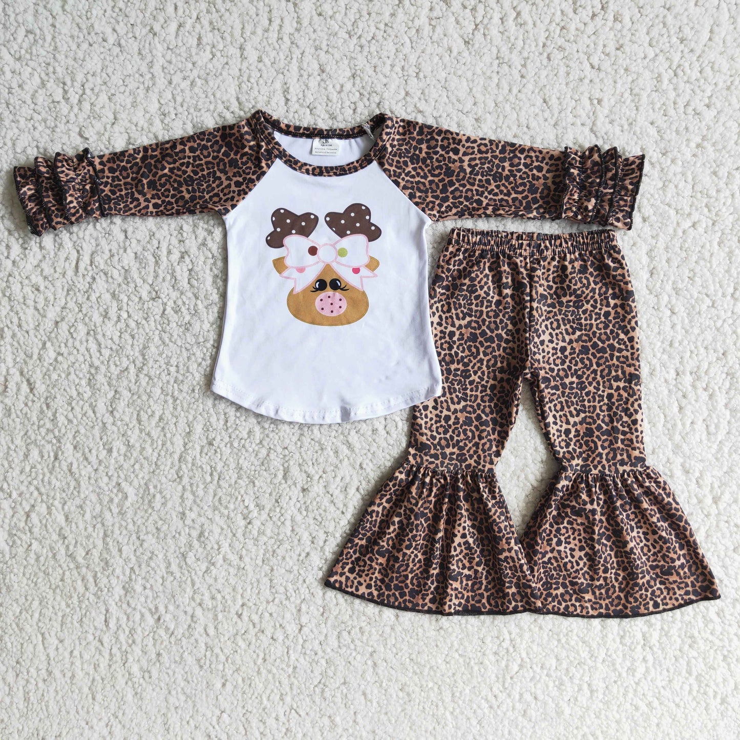 promotion Cartoon deer brown leopard print ruffles raglan long sleeve bell bottom pant girl outfit