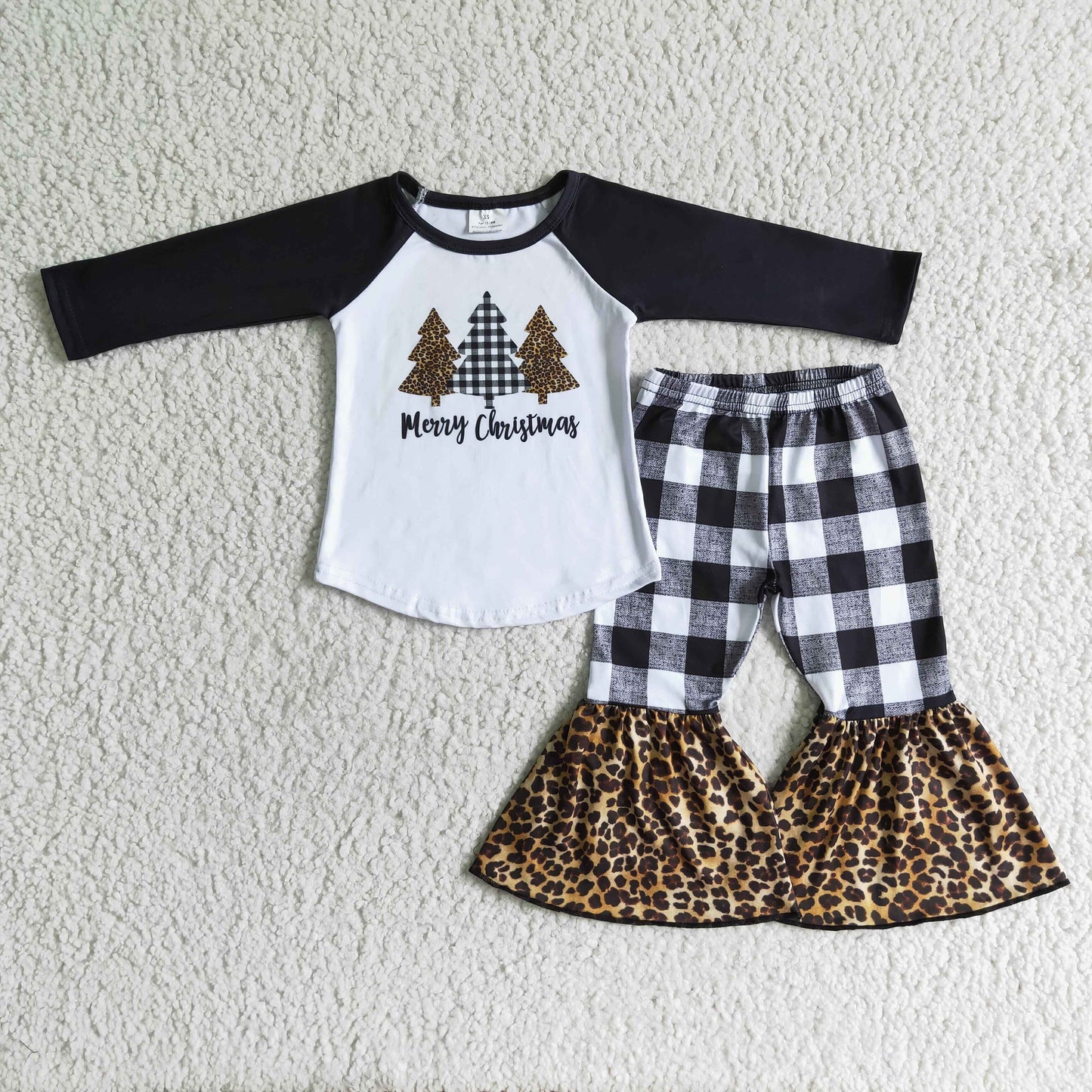 RTS Christmas tree girl black raglan white leopard plaid long sleeve bell bottom pants girl outfit 20230527 RTS