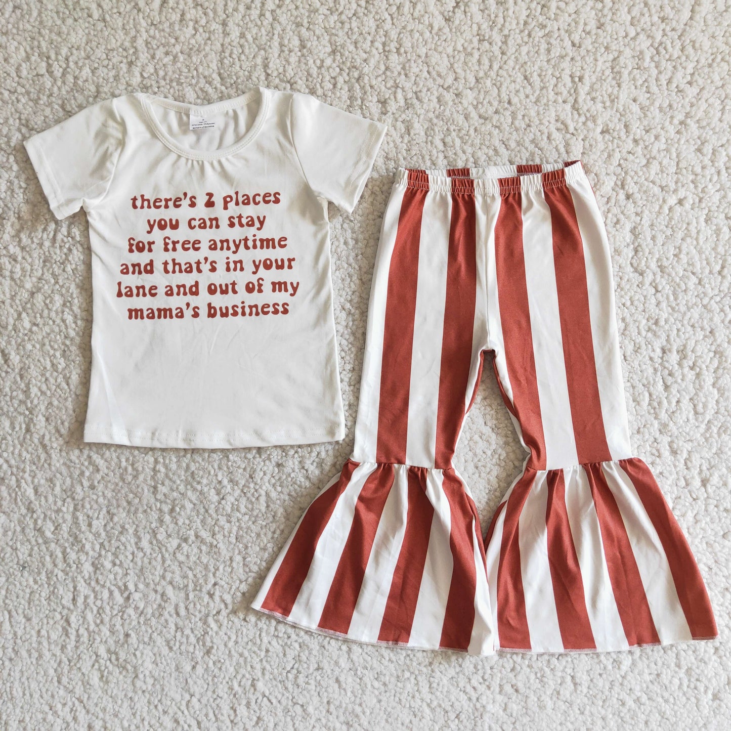 mama business orange letters stripes white short sleeve bell bottom girl outfit