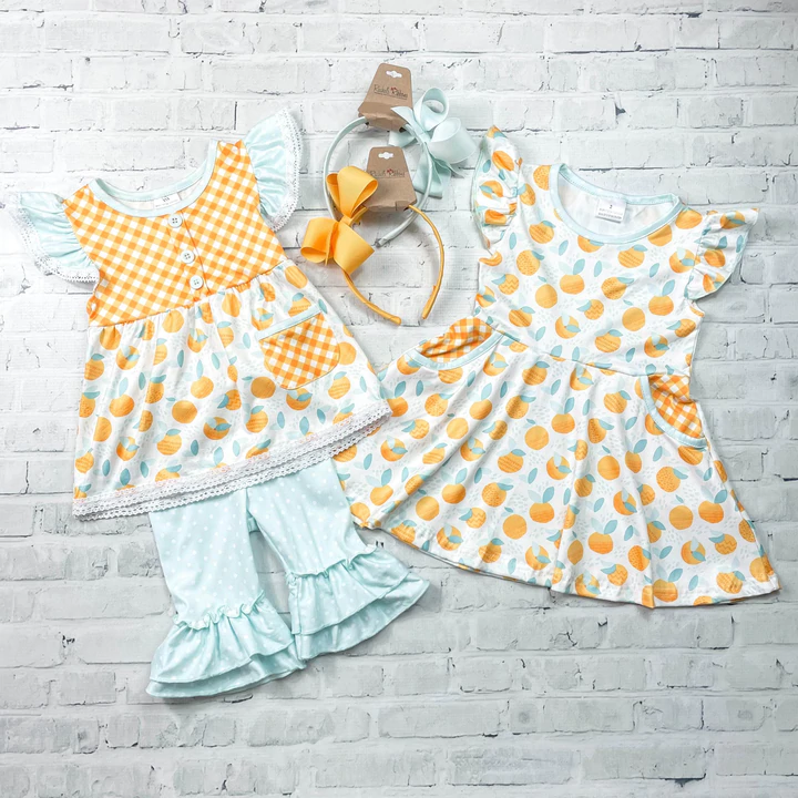 RTS yellow begonia Orange lemon puffy sleeves pockets dress 0708