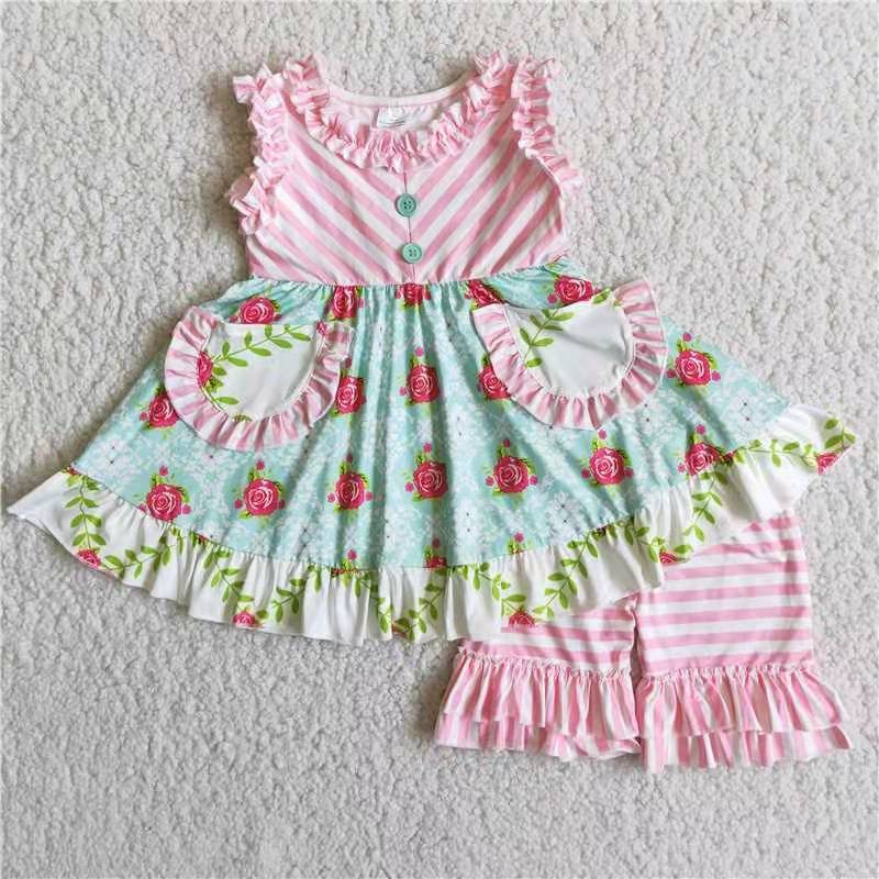 RTS Red flower ruffles pocket short sleeve pink white stripe shorts girl outfits 0517