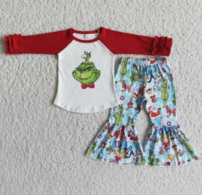 cartoon green red ruffles promotion girls Christmas kids clothes outfit07