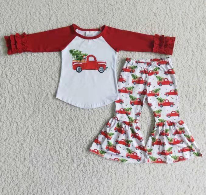 6 B9-19 car tree red ruffles girls christmas kids clothes outfit 20230621 RTS
