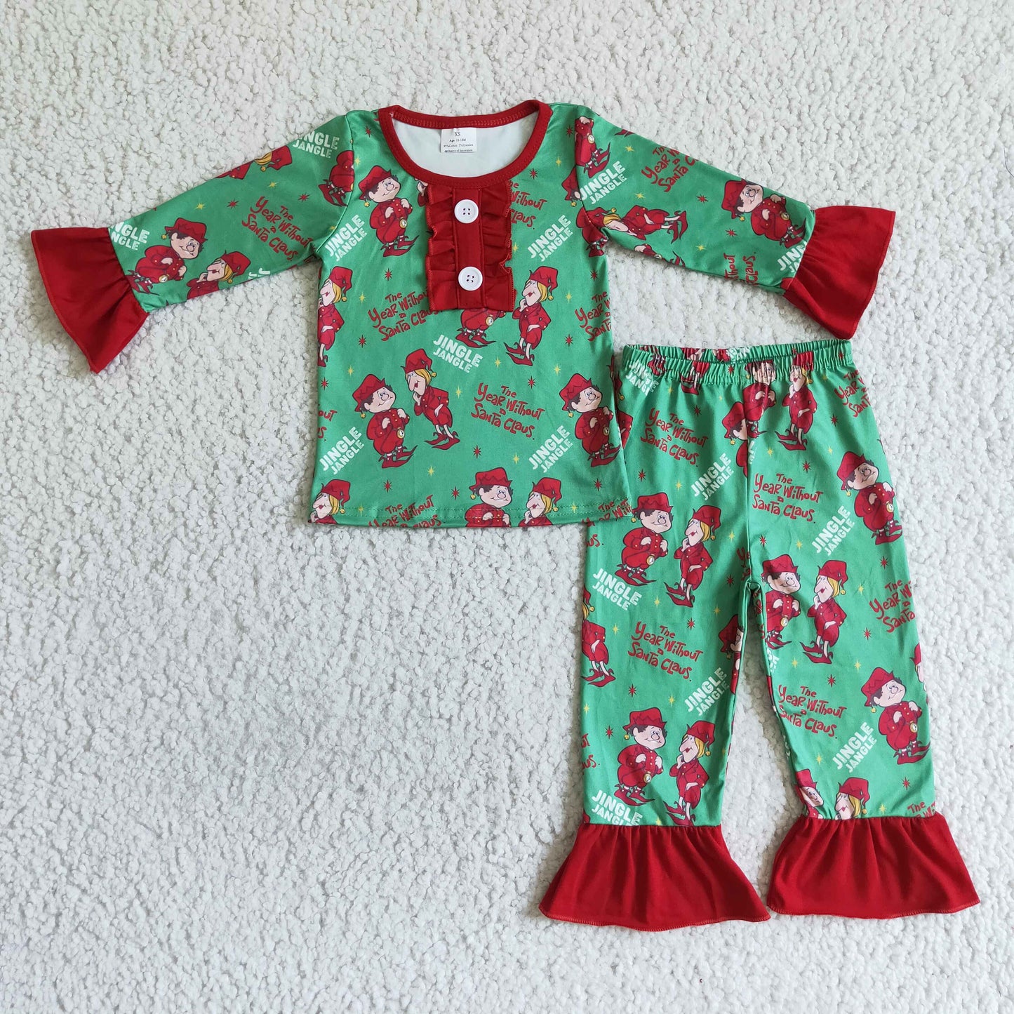 0808 RTS GLP0149 christmas cartoon green red little men long sleeve long bell bottom pants baby fall girl pajamas outfit
