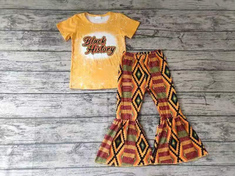 juneteenth Black History letters girl rhombus yellow orange short sleeve bell bottom outfit 0117 JAN